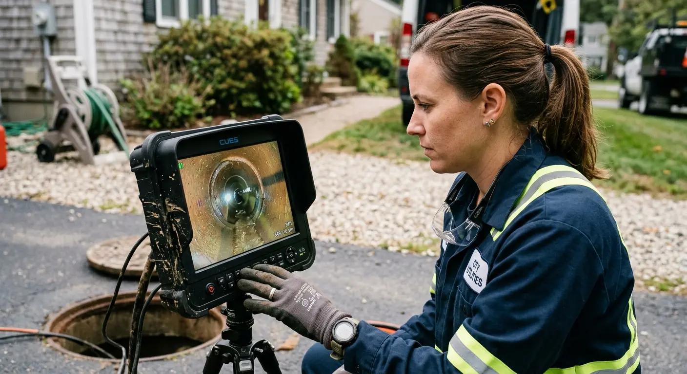 Technician reviewing sewer camera inspection footage in Dighton