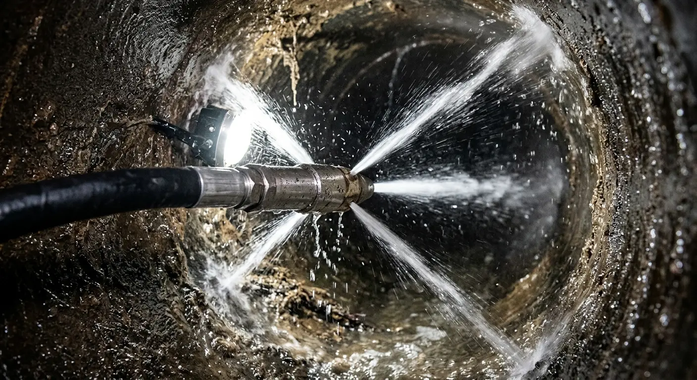 High-pressure hydro jetting nozzle cleaning sewer pipe for Emergency Drain Service in Dighton