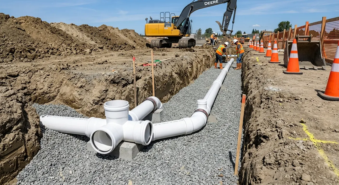 New PVC sewer pipe installation in open trench for Sewer Backup in Dighton